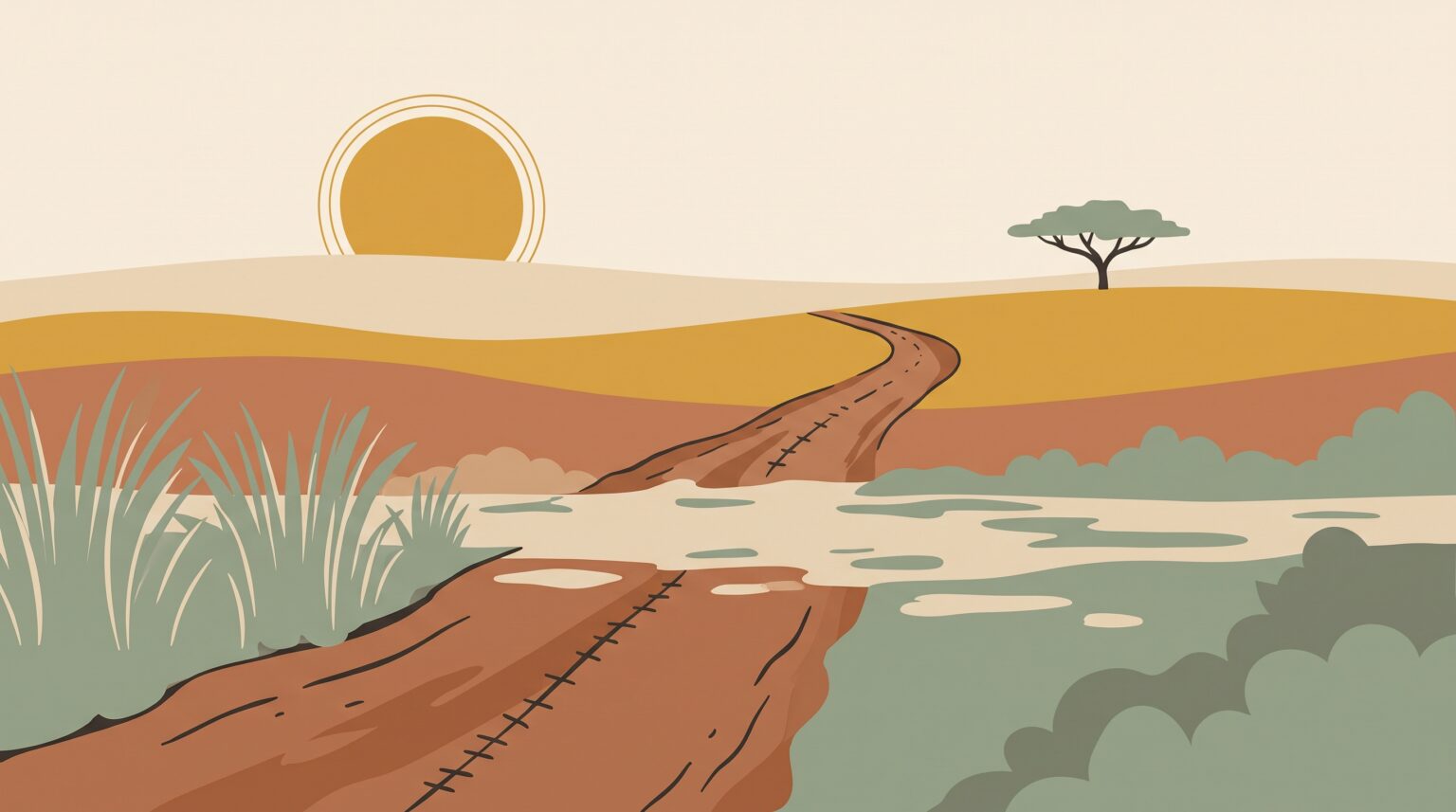 A dirt track crossing a flooded stretch toward a rolling horizon — illustration