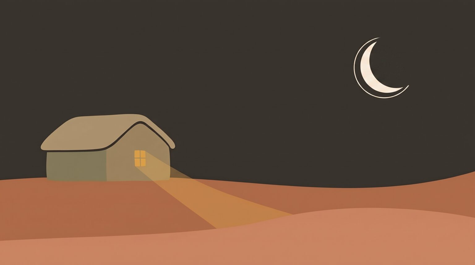A low house at night with one lit window spilling light — illustration