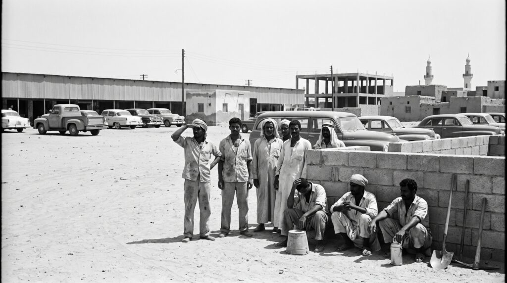 Generative scene: labourers waiting for transport in Kuwait