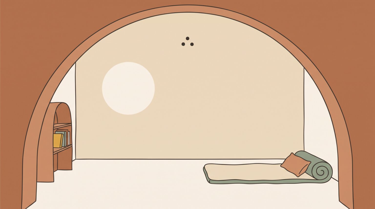 A bare room seen through an arch: a rolled sleeping mat, one pillow, a small bookshelf — illustration