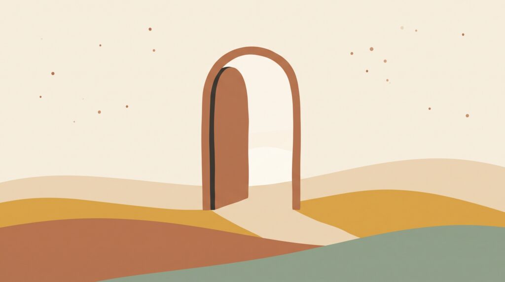 An open arched doorway standing alone on an empty plain — illustration