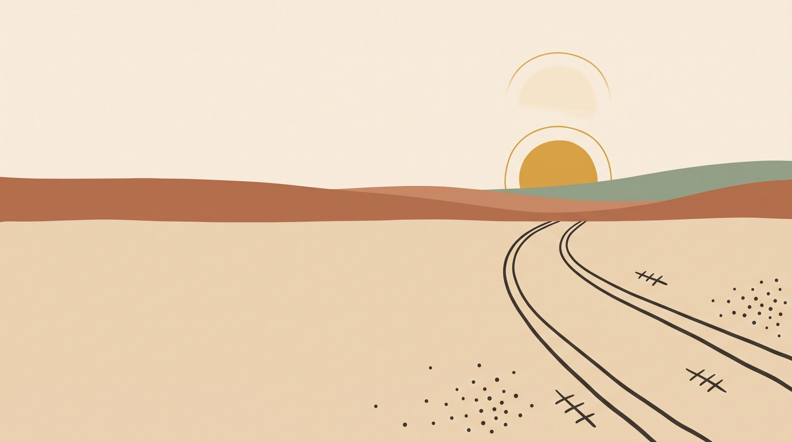 Two parallel wheel tracks curving toward a low sun on an open plain — illustration