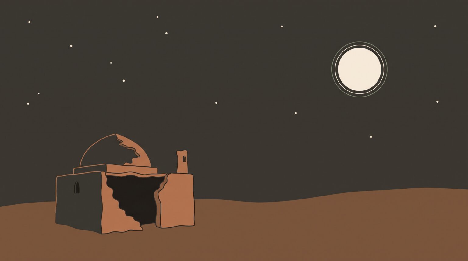 A ruined mud mosque alone on a plain at night — illustration