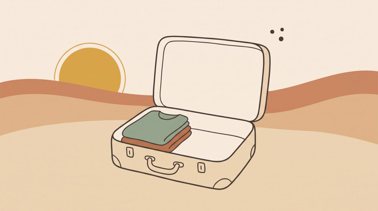 An open suitcase holding two folded dresses, a low sun behind — illustration