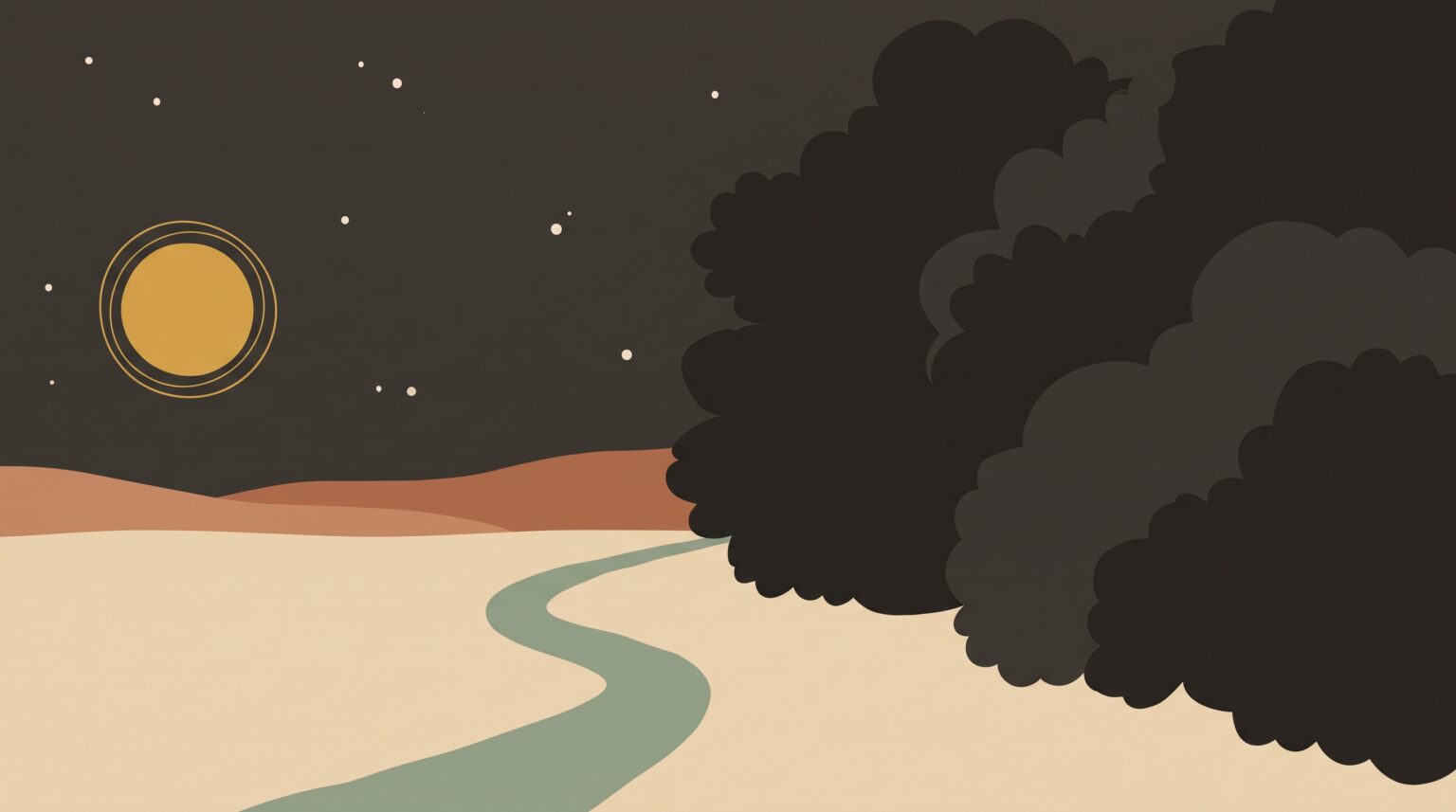 A narrow track entering dense dark bush at night — illustration