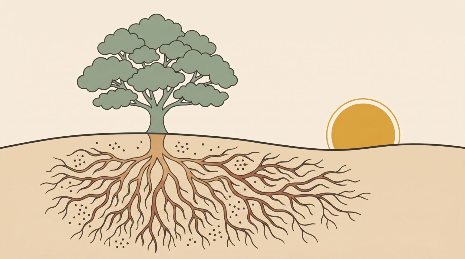 A tree whose roots mirror its canopy below the ground — illustration