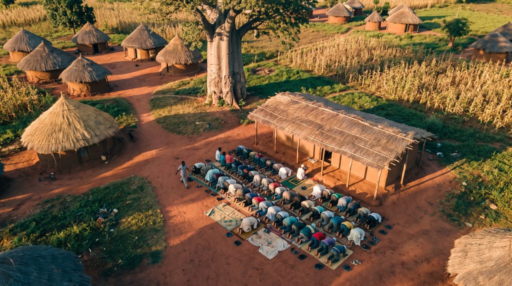 Villagers praying outdoors in a rural village