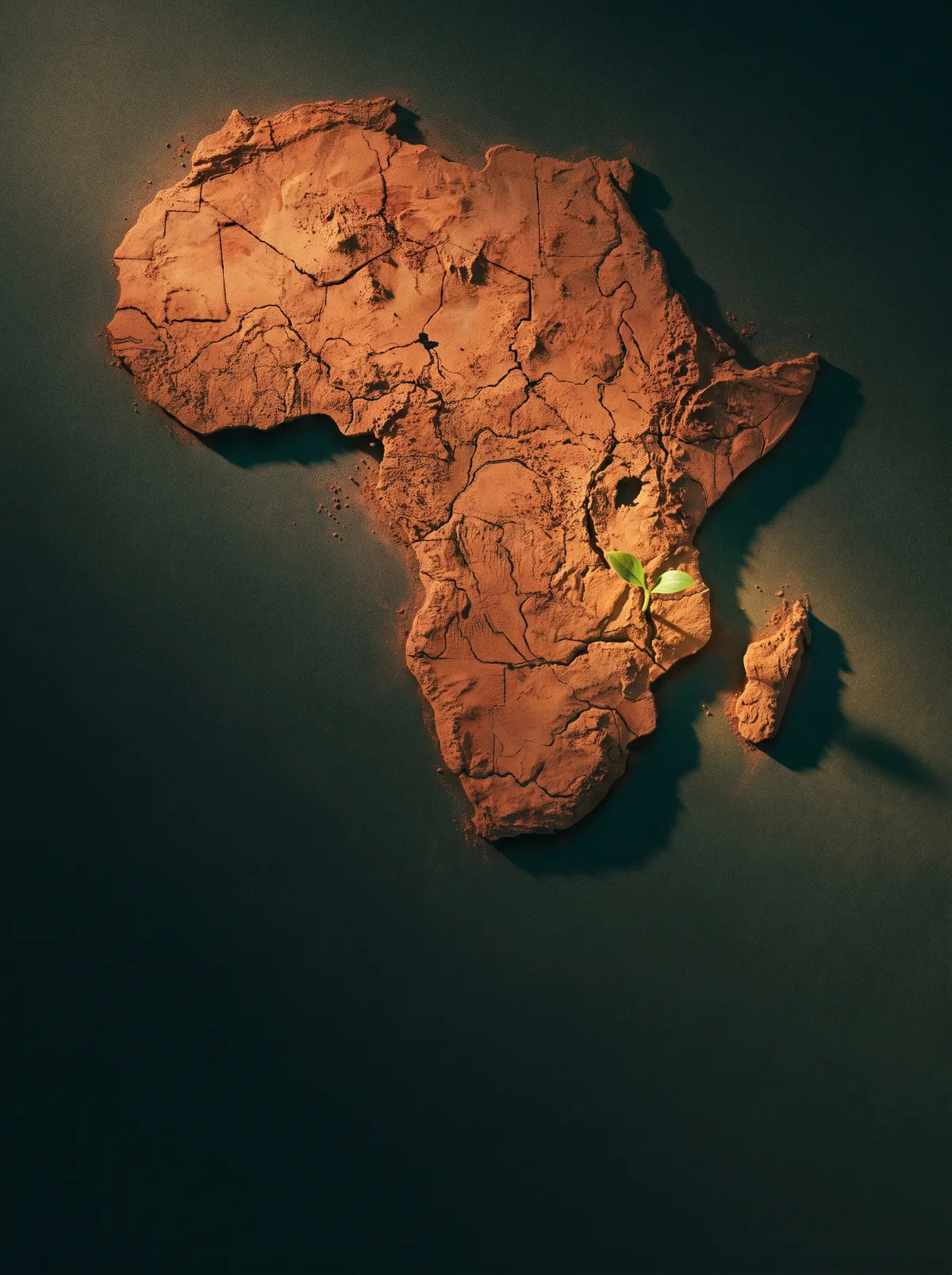 Africa shaped in cracked red earth, a green sprout over Malawi