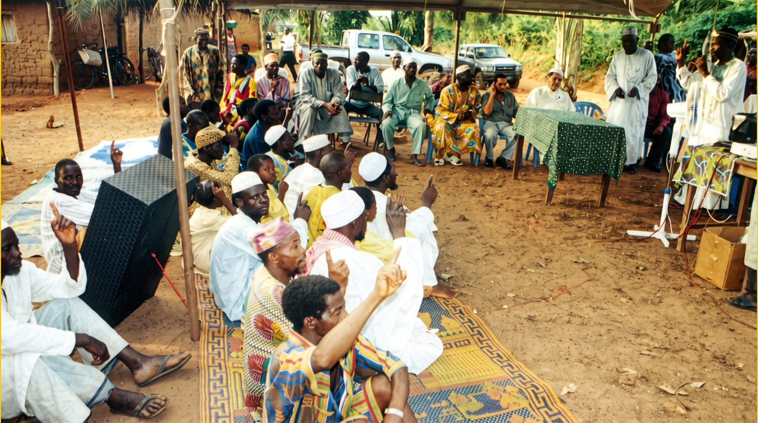 Villagers of Ayo in Benin raising their index fingers in the shahada