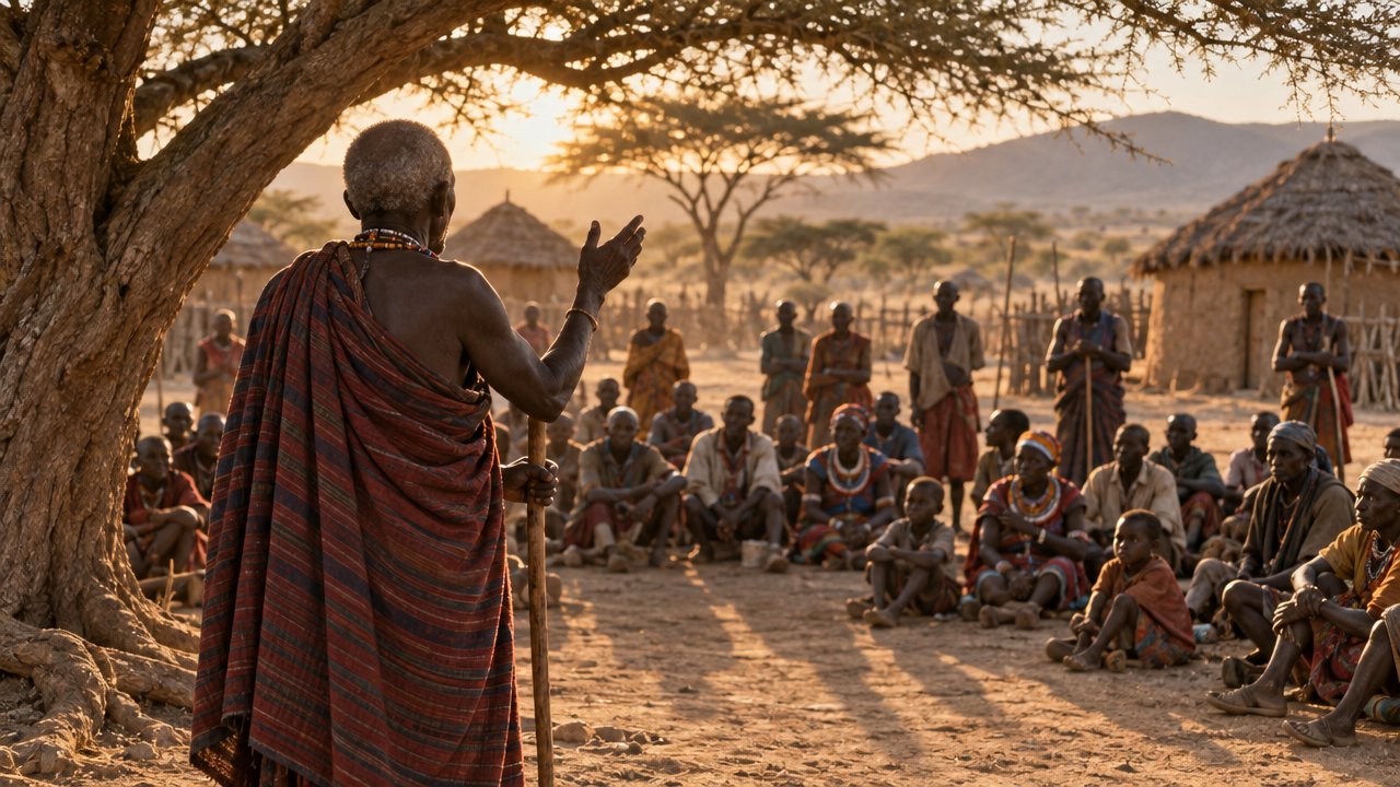 An elderly village chief standing under an acacia tree, addressing the villagers seated before him at sunset